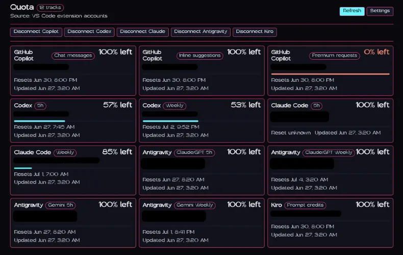 The Quota panel inside VS Code
